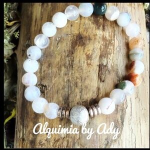 Rutile/white rutilated quartz  and agate beaded handmade bracelet